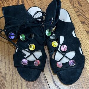 Elegant Black Sandals with Colorful Gem Details
